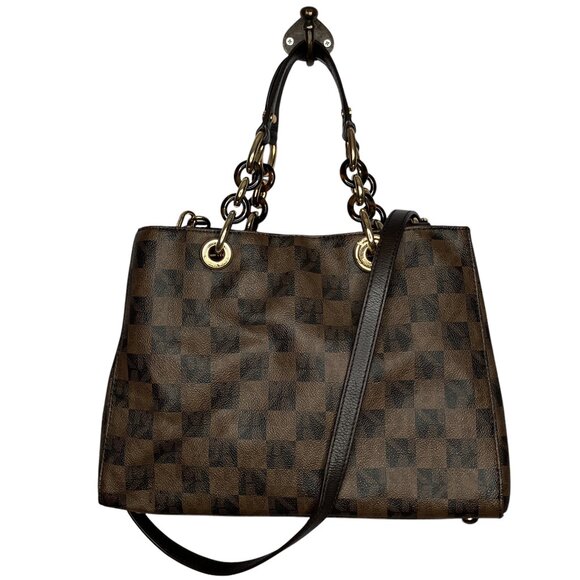 Michael Kors Cynthia Medium Brown Checkered Check Chain Strap Satchel Bag Purse - Picture 2 of 11